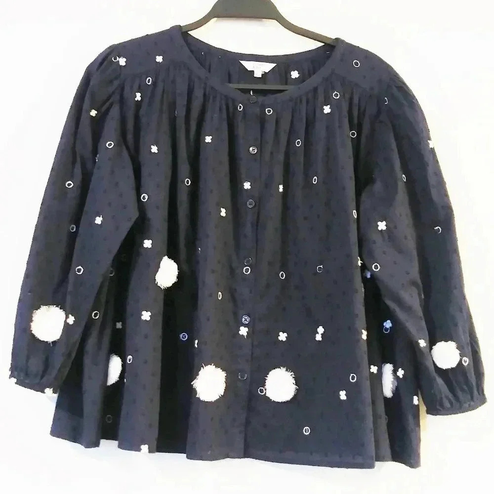 Crown & Ivy Navy Blue Cotton Pom Pom Embroidered Button Front Blouse Small
